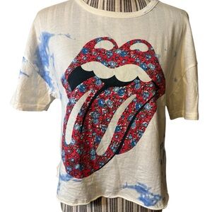 Rolling Stones Tee Small Cream Red Floral Tongue Lips Blue Floral 100% Cotton